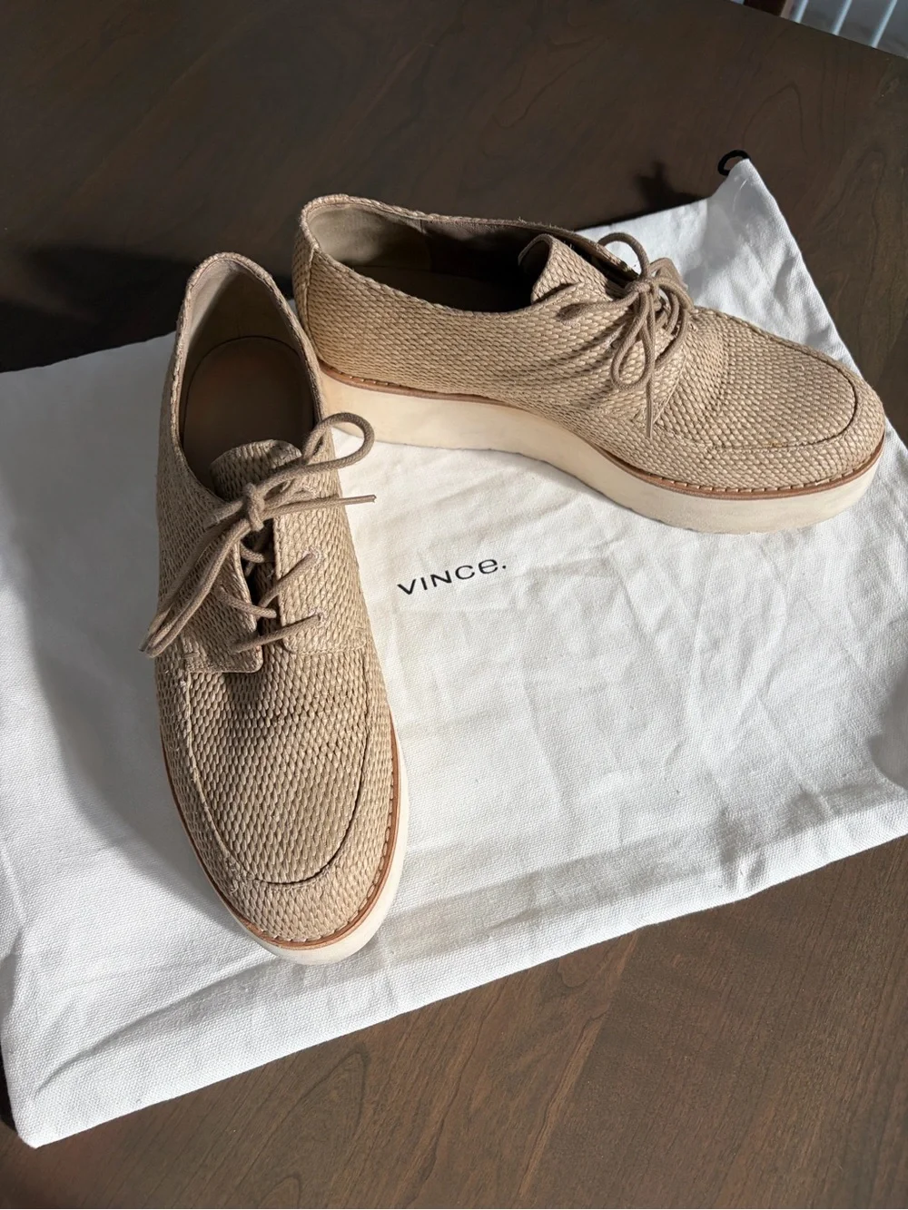 Vince Natural Beige Woven Espadrille Lace-Up Platforms